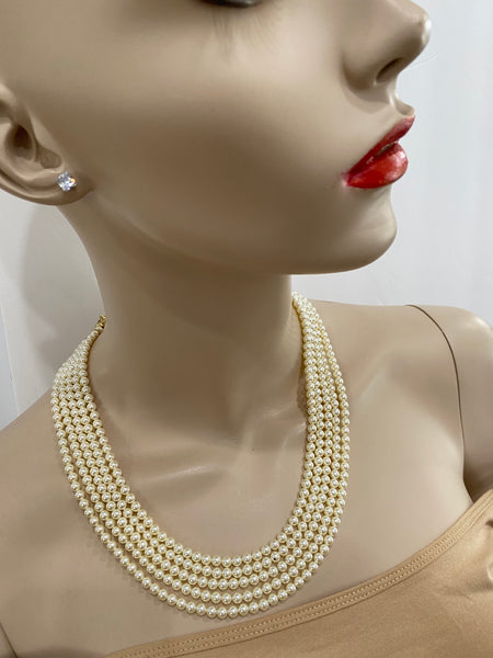 Hailey, swarovski 5 row  cream pearls necklace with macro pave gold plated over sterling silver clasp