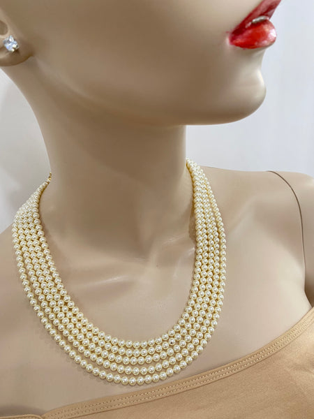 Hailey, swarovski 5 row  cream pearls necklace with macro pave gold plated over sterling silver clasp