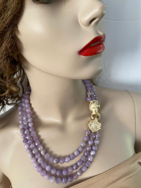 Rosaleen Amethyst 3 Row Necklace with macro pave panther head clasp , Handmade