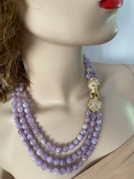Rosaleen Amethyst 3 Row Necklace with macro pave panther head clasp , Handmade