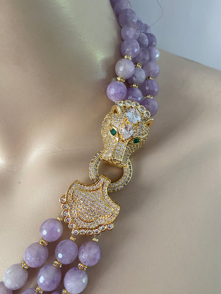 Rosaleen Amethyst 3 Row Necklace with macro pave panther head clasp , Handmade