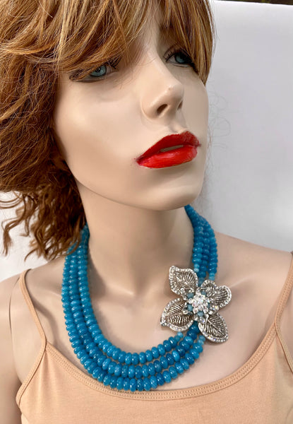 Adel blue agate 3 Row necklace with large side piece , statement necklace handmade one of a kind
