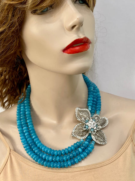 Adel blue agate 3 Row necklace with large side piece , statement necklace handmade one of a kind