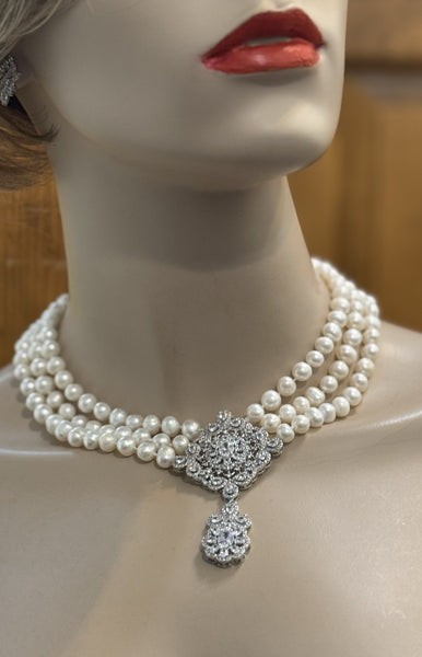 Fresh Water Pearls 3 Row Necklace, Hand Knotted , CZ Center piece Handmade