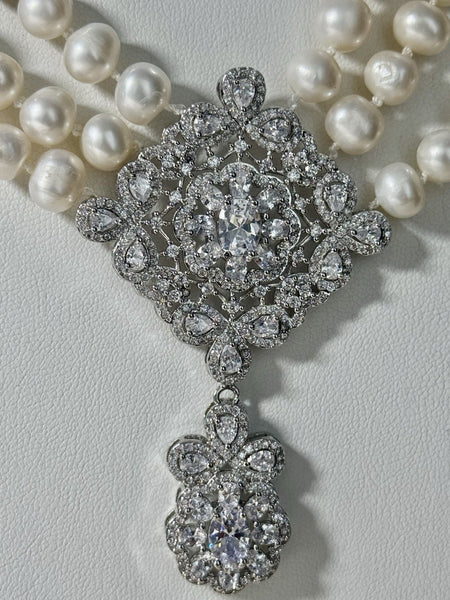 Fresh Water Pearls 3 Row Necklace, Hand Knotted , CZ Center piece Handmade