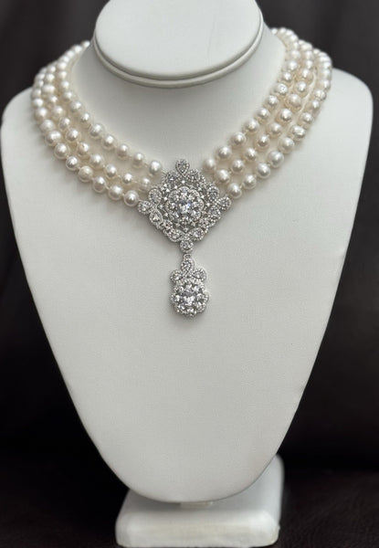 Fresh Water Pearls 3 Row Necklace, Hand Knotted , CZ Center piece Handmade
