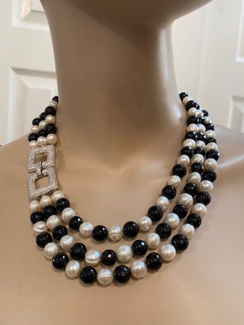 Lilia, Black Onyx and fresh Water Pearls 3 row Evening necklace Handmade in the USA