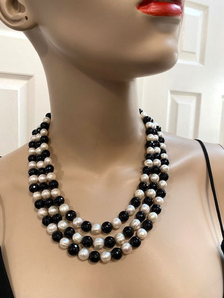 Lilia, Black Onyx and fresh Water Pearls 3 row Evening necklace Handmade in the USA