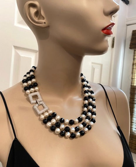 Lilia, Black Onyx and fresh Water Pearls 3 row Evening necklace Handmade in the USA