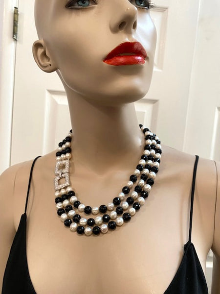 Lilia, Black Onyx and fresh Water Pearls 3 row Evening necklace Handmade in the USA