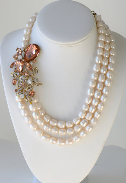 Cristina -  Fresh Water Pearls Necklace With Large Side Flower Pendant