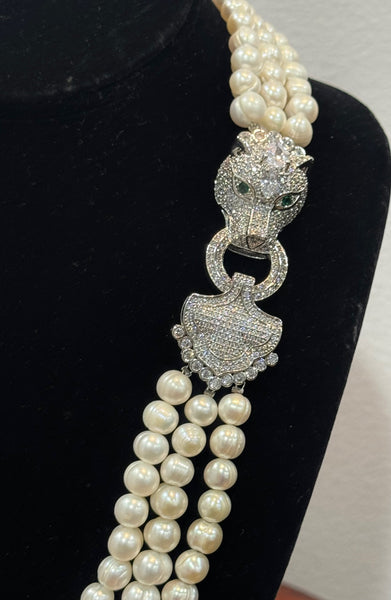 Elizabeth, Freshwater pearls Necklace with Maro Pave Panther Face Side Clasp