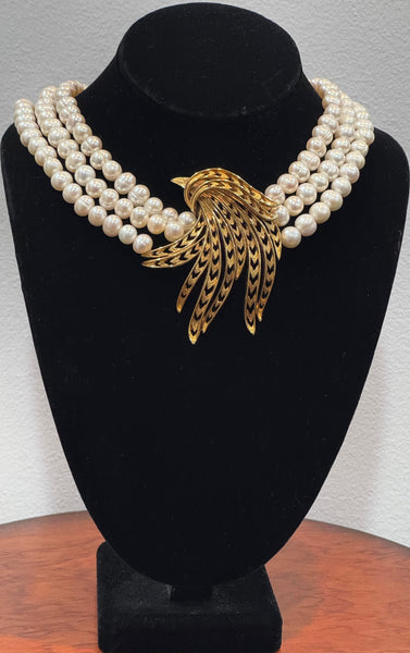 Olivia, Fresh water pearls 3 row Necklace with Gold plated center piece , One of a kind , Hand made