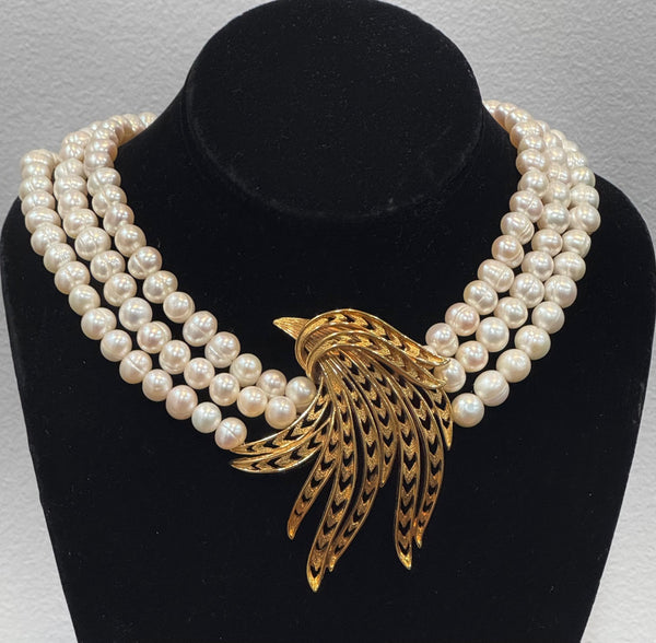Olivia, Fresh water pearls 3 row Necklace with Gold plated center piece , One of a kind , Hand made