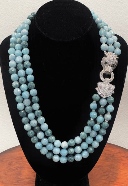 Lilia Aqua Marin 3 row Necklace with side macro pave Panther Clasp