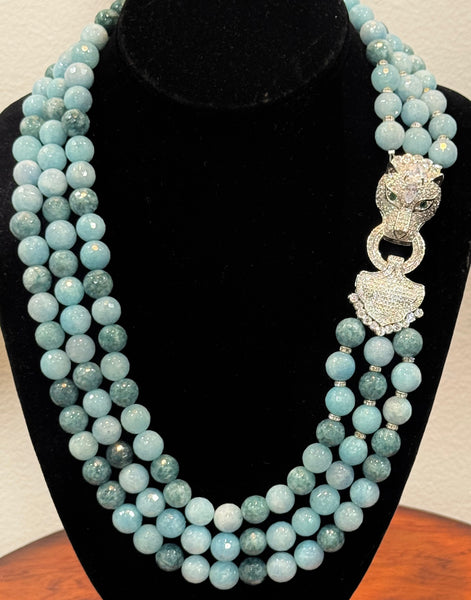 Lilia Aqua Marin 3 row Necklace with side macro pave Panther Clasp