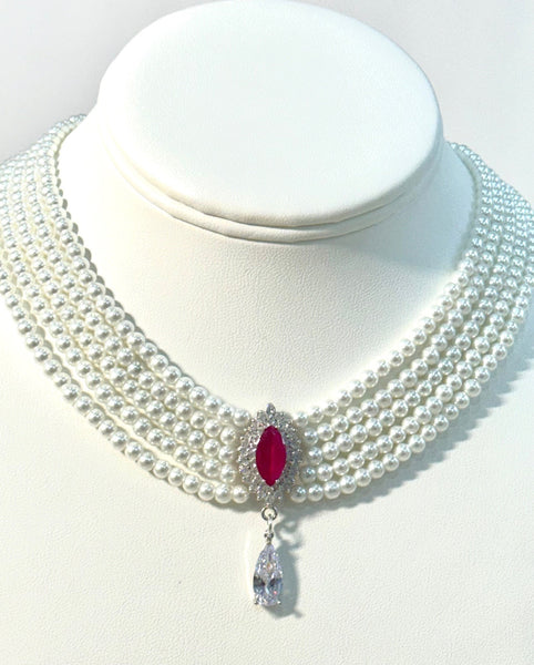 Lucile,  5 Row Pearls Necklace with Mauve and clear swarovski center&nbsp;piece