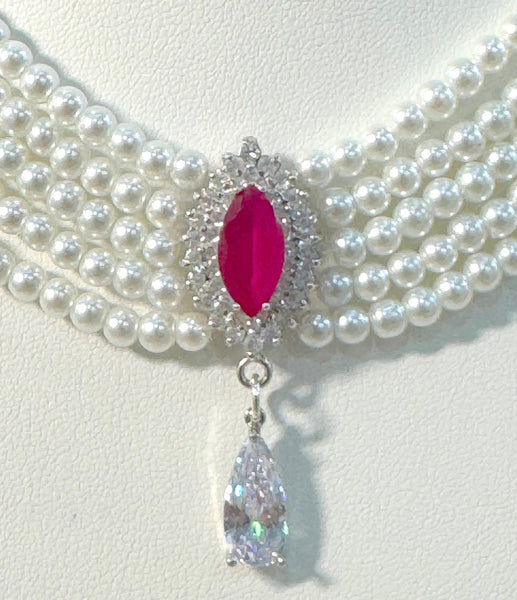 Lucile,  5 Row Pearls Necklace with Mauve and clear swarovski center&nbsp;piece