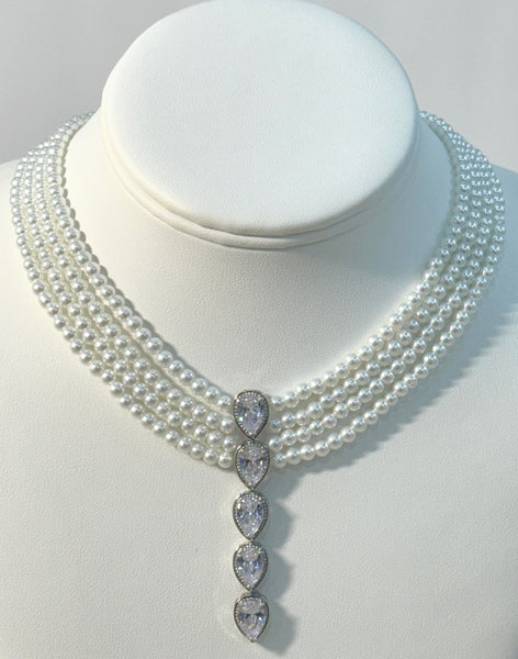 Julia, Pearls Necklace with Long CZ center pieces, For all occasion , wedding, bridal, bridesmaid , Mother of the bride and more