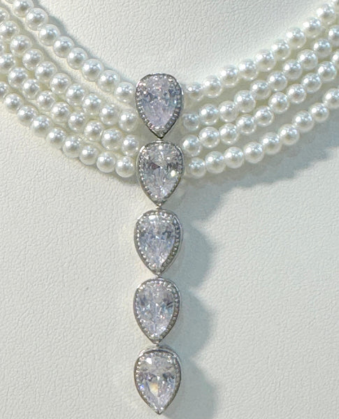 Julia, Pearls Necklace with Long CZ center pieces, For all occasion , wedding, bridal, bridesmaid , Mother of the bride and more