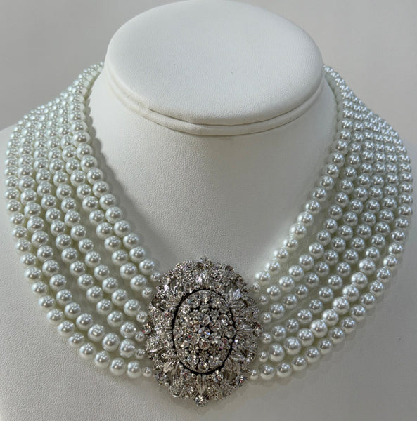 Adel Swarovski Pearls Necklace With large Cubic Zircon Center Piece for all occasion,