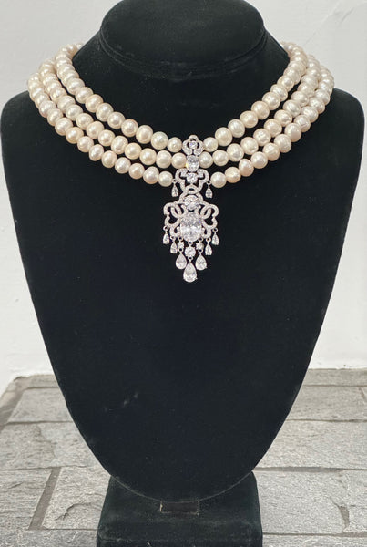 Diana 3 Row Fresh water Pearls Necklace, Wedding, mother of the bride, Bridal, bridesmaid
