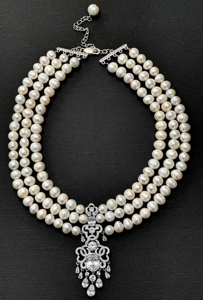 Diana 3 Row Fresh water Pearls Necklace, Wedding, mother of the bride, Bridal, bridesmaid