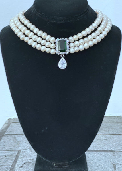 Margaret Fresh water pearls Necklace with green cubic zircon and clear swarovski center piece