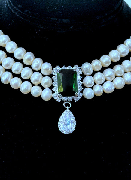 Margaret Fresh water pearls Necklace with green cubic zircon and clear swarovski center piece
