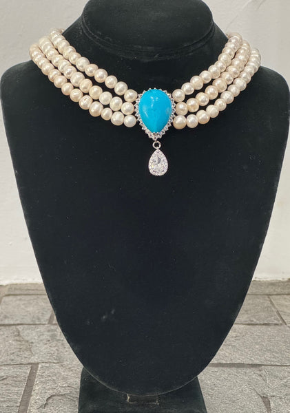 Alexis Freshwater Pearls 3 row necklace with Turquoise center piece, Weddings, Mother of the bride, Bridal, Bridesmaid