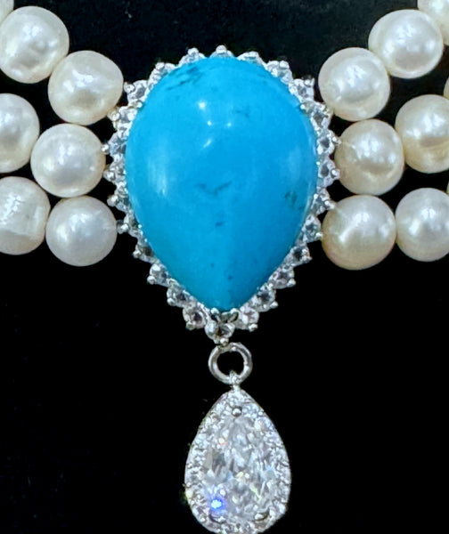 Alexis Freshwater Pearls 3 row necklace with Turquoise center piece, Weddings, Mother of the bride, Bridal, Bridesmaid