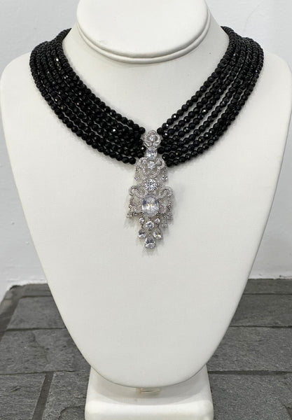 Vivi  Black onyx faceted 4mm 6 row Necklace, Mother of the Bides, special event , all occasion