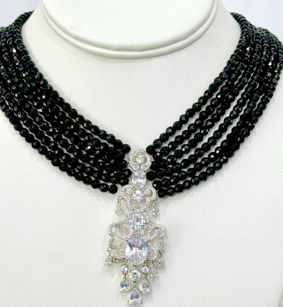 Vivi  Black onyx faceted 4mm 6 row Necklace, Mother of the Bides, special event , all occasion