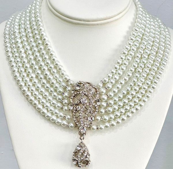 Royal Swarovski Pearls 7 row Necklace with large CZ center piece Great for Wedding , Mother of the bride, bridale, bridesmaid