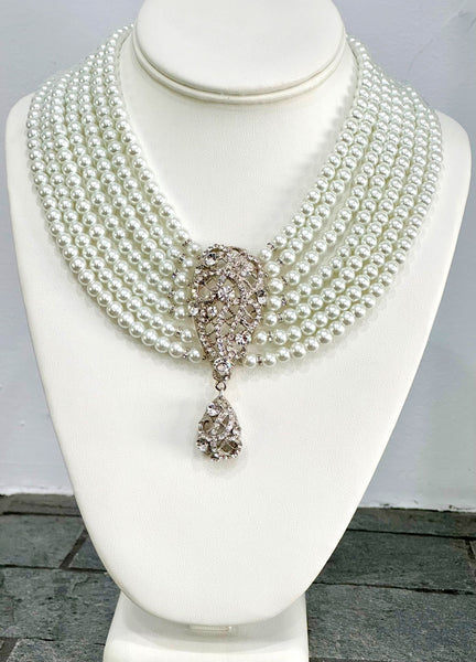 Royal Swarovski Pearls 7 row Necklace with large CZ center piece Great for Wedding , Mother of the bride, bridale, bridesmaid