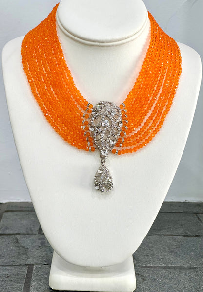 Orange Swarovski crystal 9 row Necklace, Hand made one of a kind
