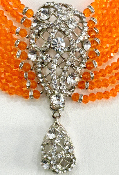 Orange Swarovski crystal 9 row Necklace, Hand made one of a kind