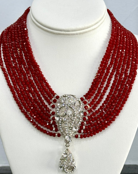 Red Swarovski Crystal 9 Row Necklace , For Mother of the bride, for bridesmaide, bridle or any special occasion