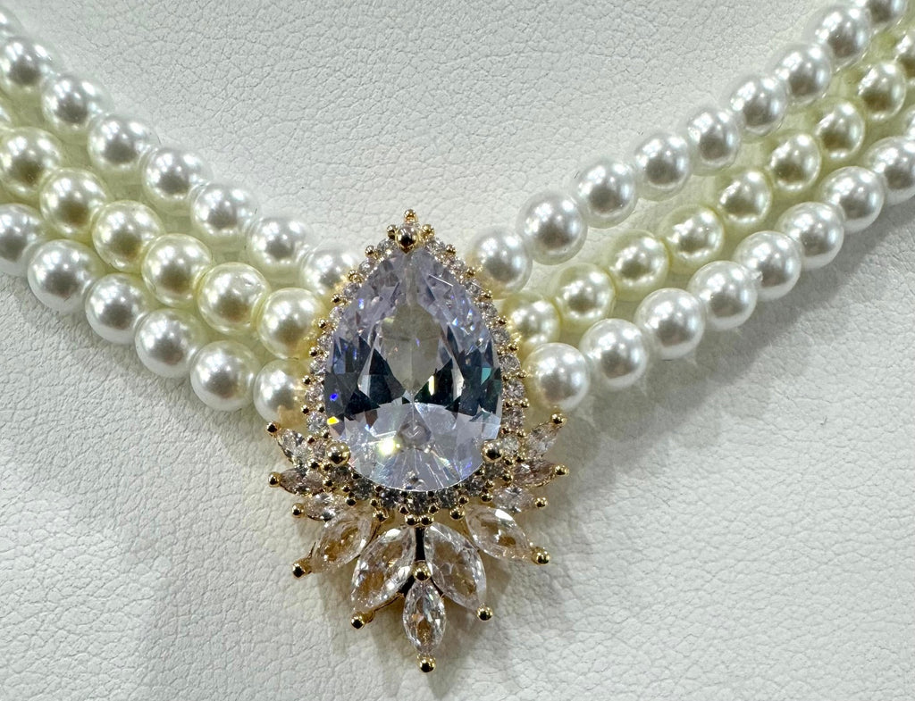 Pearls necklace , Swarovski pearls 3 strand, with delicate cubic zircon center pice Handmade in the USA