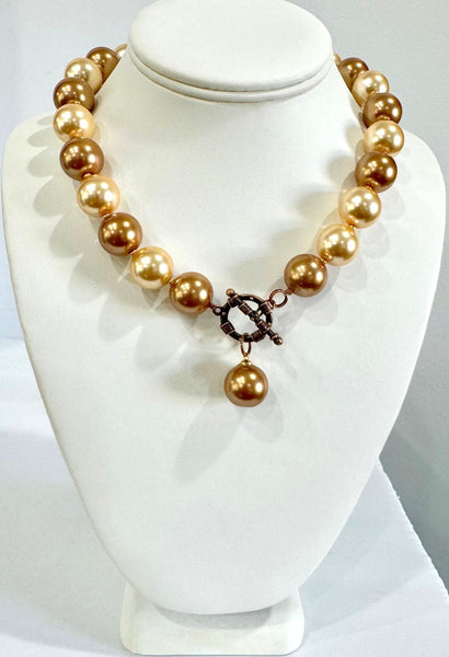 Large glass 14mm faux Pearls Necklace ,gold earth color Handmade in the USA