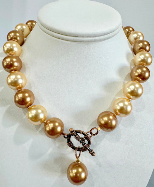 Large glass 14mm faux Pearls Necklace ,gold earth color Handmade in the USA