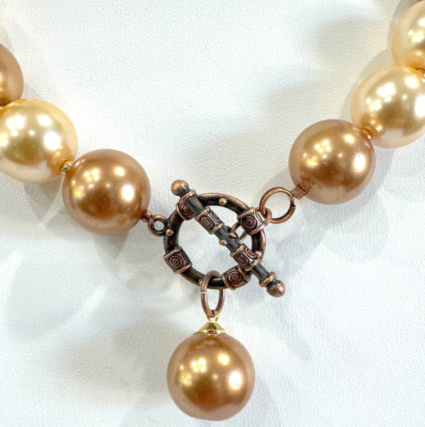 Large glass 14mm faux Pearls Necklace ,gold earth color Handmade in the USA