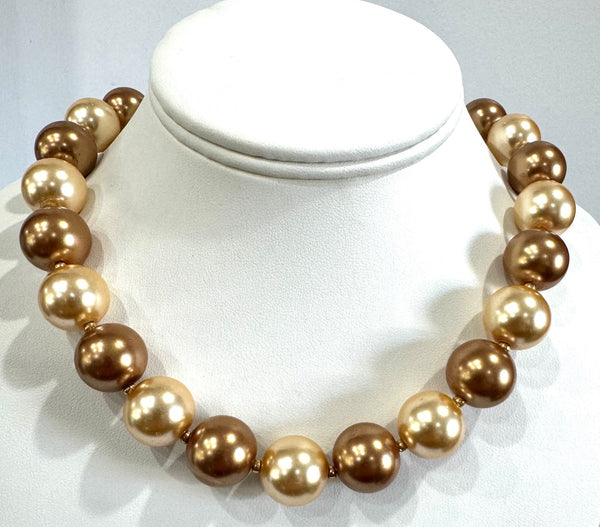 Large glass 14mm faux Pearls Necklace ,gold earth color Handmade in the USA