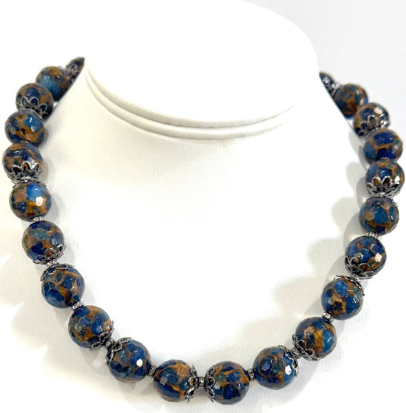 Blue lapis quartslized with gold Necklace Handmade in the USA