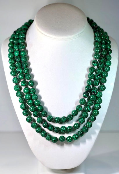 Lucile green malachite 3 row Necklace, Side macro pave Panther face clasp handmade