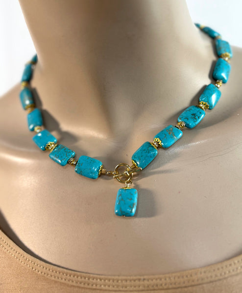 Turquoise And gold 16" Necklace Handmade In The USA, By Heftsi design  One Of A Kind