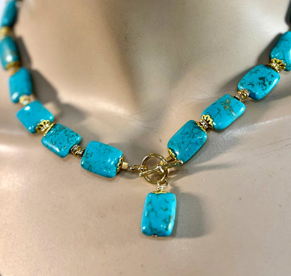 Turquoise And gold 16" Necklace Handmade In The USA, By Heftsi design  One Of A Kind