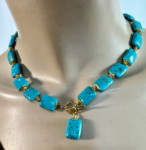 Turquoise And gold 16" Necklace Handmade In The USA, By Heftsi design  One Of A Kind