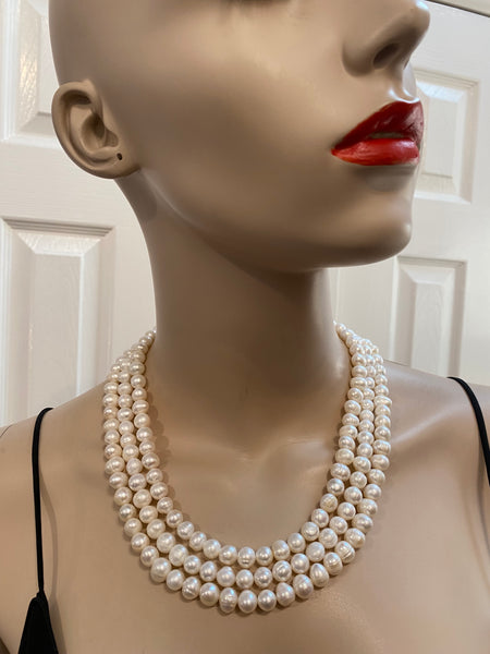 Ellian Fresh Water Pearls 3 row Necklace With Side Gold Pave Clasp