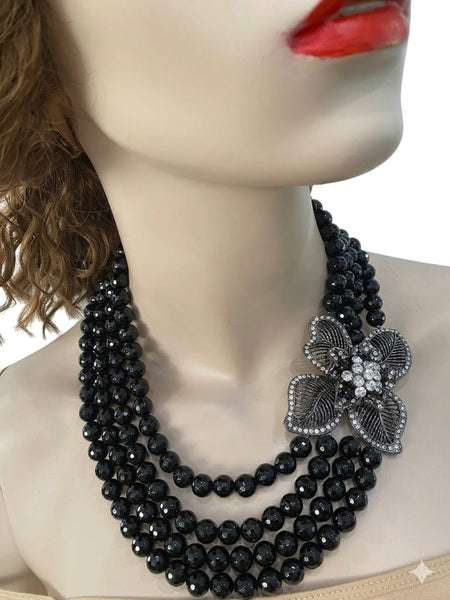 Norel Black Onyx 5 Row evening necklace with large side pendant Handmade